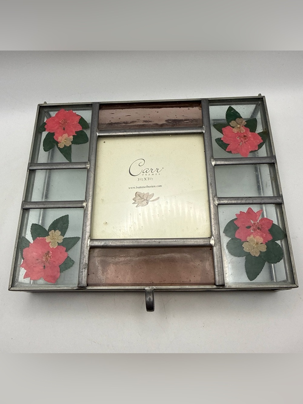 Carr Burnes of Boston Stained Glass Photo Keepsake Trinket Box Pressed Flowers